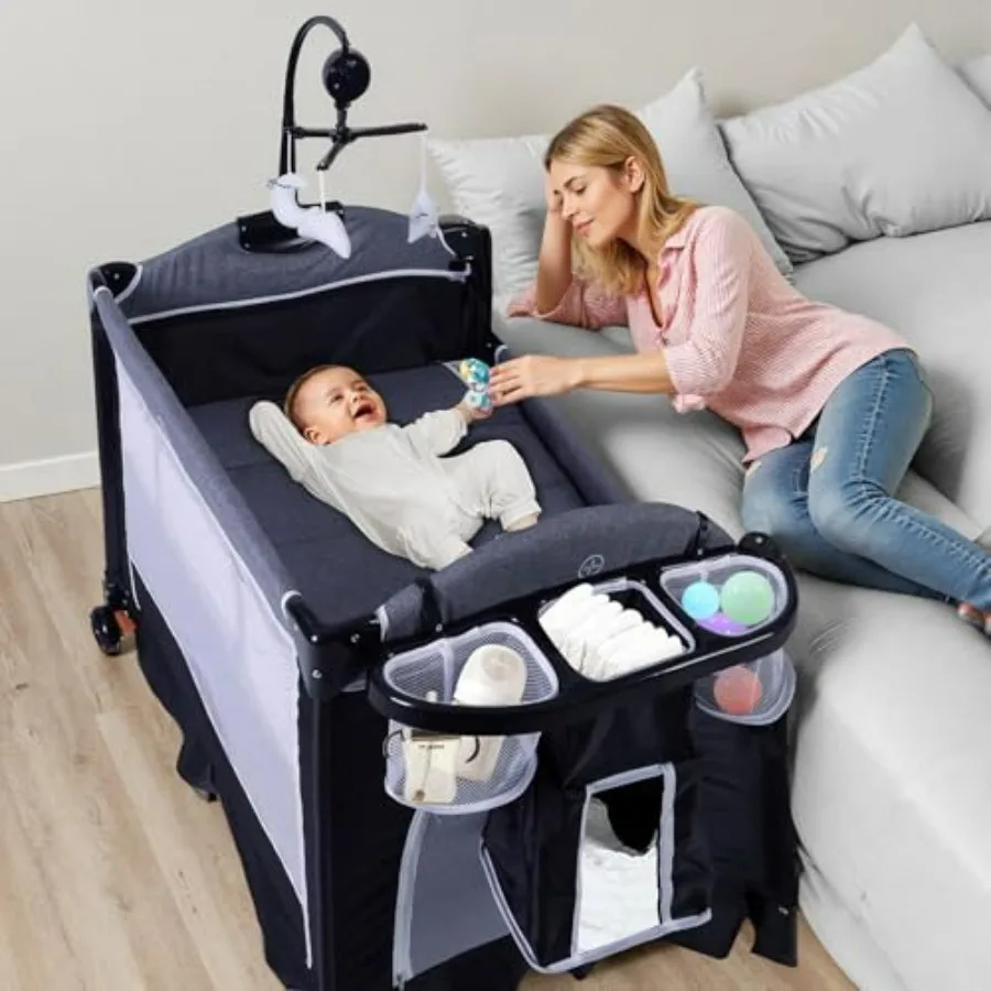 

4 in 1 Pack and Play Multifunction Baby Bassinet Bedside Crib with Changing Table and Storage Basket Portable Nursery Playard i