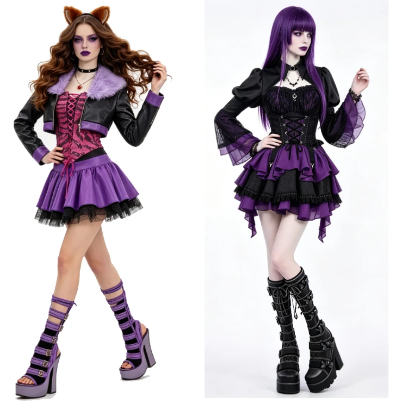 Elizabeth Clawdeen Wolf Cosplay-Kostüme, lila Y2K Gothic High Dress Perückenset für Halloween-Party, Rollenspiel-Anzüge