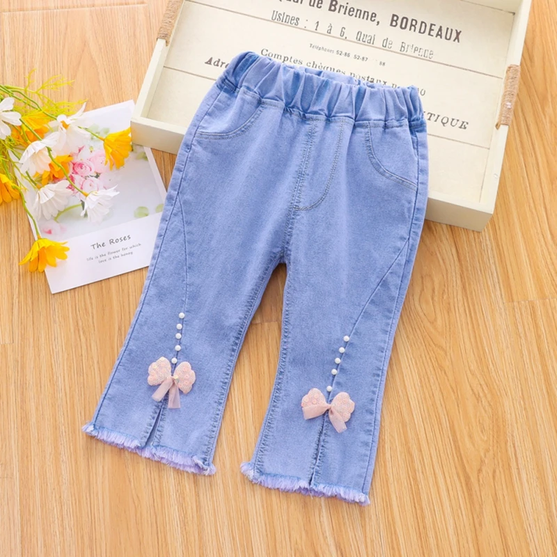 Children Jeans Girls Bow Cherry Decor Elastic Waist Denim Pant Toddler Kids Korean Style Chic Outing Seven-Point Trousers 2-7Y