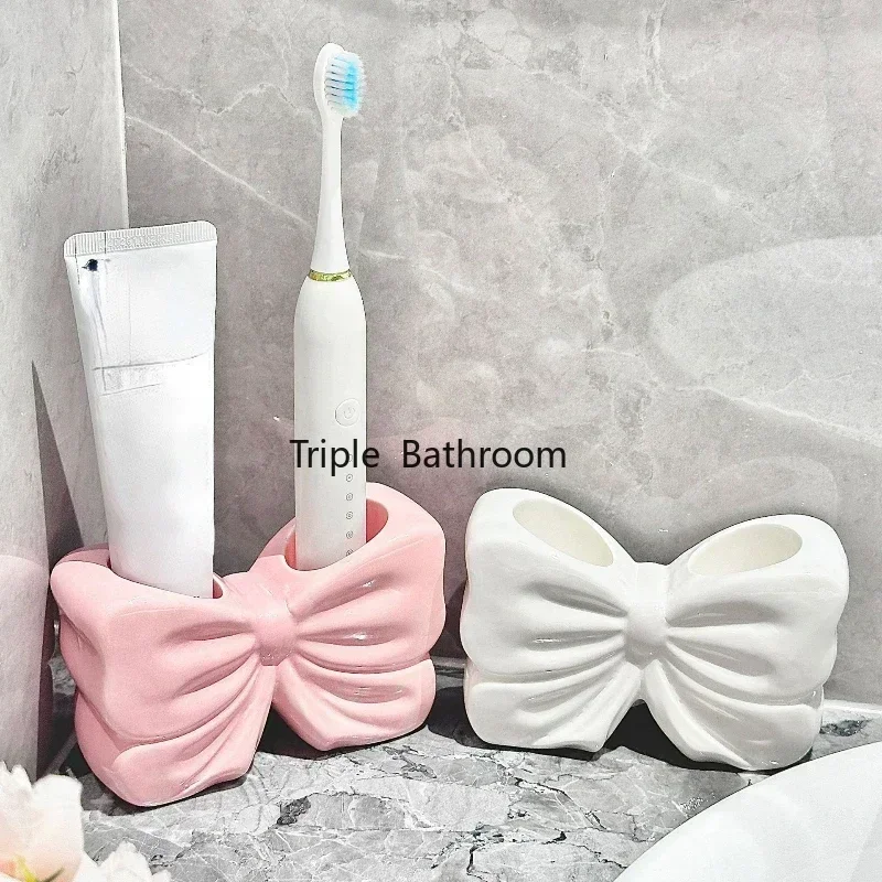 

1pc Ceramic Bow Toothbrush Holder Ornament Ceramic Toothbrush, Toothpaste Storage Rack Bathroom Accessories Brush Holder