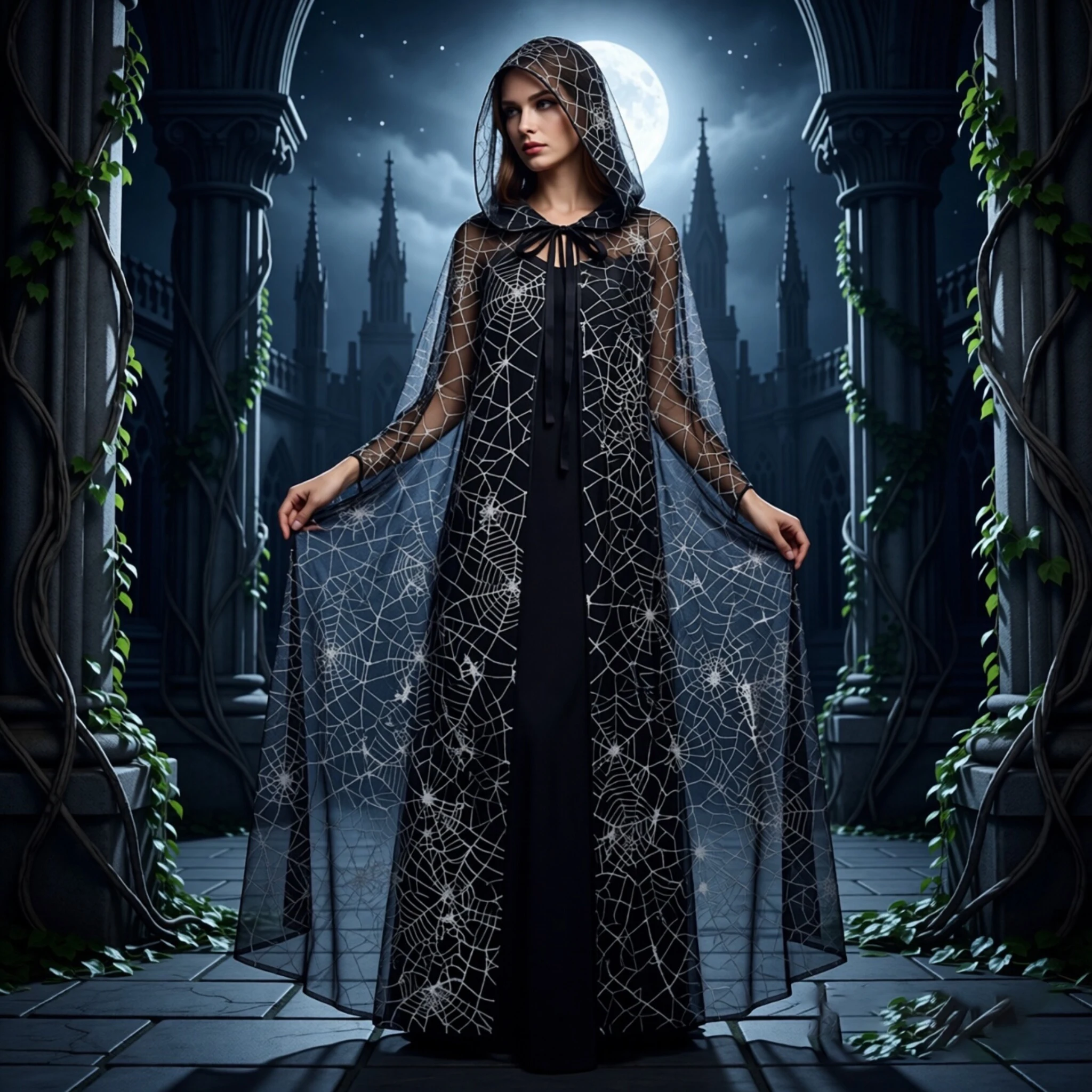 Kapuzen-Mesh-Umhang mit Spinnennetz-Fledermaus-Druck, Halloween-Umhang für Erwachsene, Cosplay, Maskerade, Themenparty, Kostümzubehör. – Detail 8