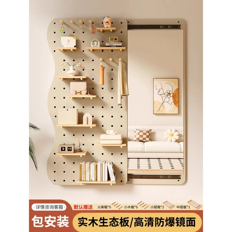 Solid wood entrance hole board storage rack, integrated dressing mirror, entrance door hanging clothes rack