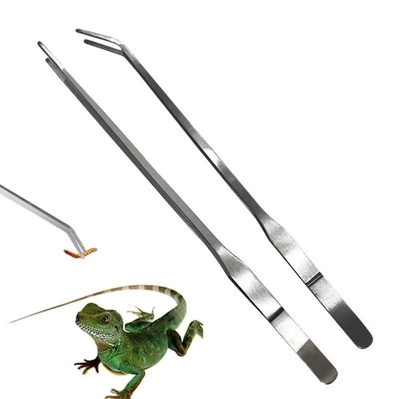 Reptile Feeding Tongs 2pcs Long Metal Tweezers Aquarium Stainless Tweezers For Crafts Curved And Straight Fish Tweezers