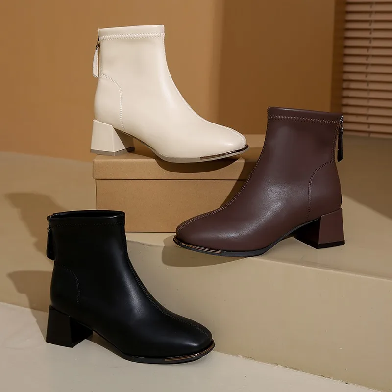 

Women's Boots Round Toes Middle Heel Zipper Waterproof and Anti Slip 2025 New Spring Autumn Outdoor Fashion Women Ankle Boots