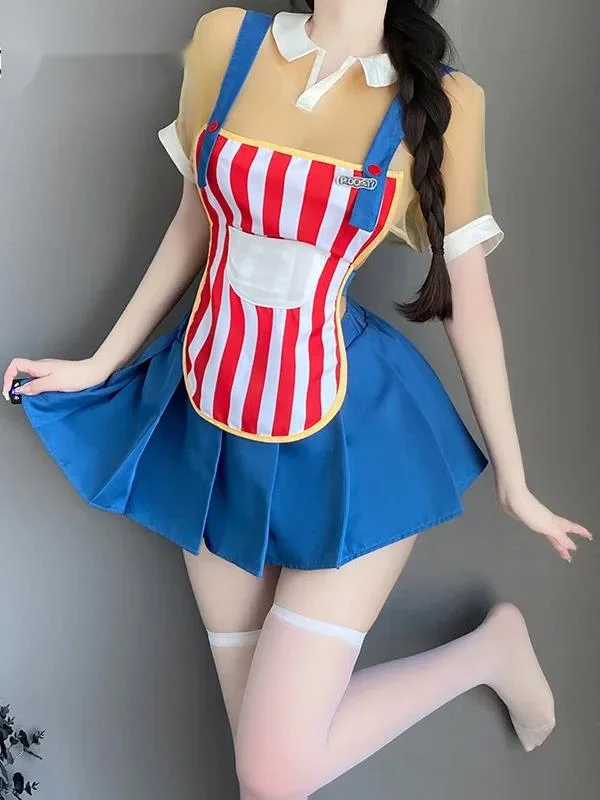 Sexy Summer New  Stripe Convenience Store Cute Girl JK Uniform Lolita Style Splicing Loose Fashion Perform Trendy Clothes LID7