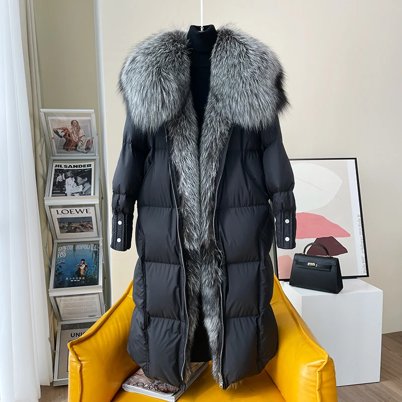 New Fashion Winter Women\'s Coat White Goose Down With Real Fox Fur Collar Long Jacket Full Sleeves Thick Warm Luxury Female Coat