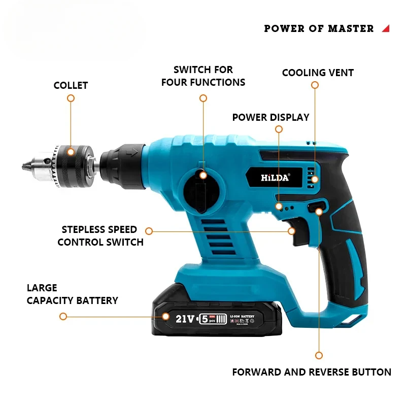 Hilda 21V Cordless Power Tools 26mm Lithium Electric Hammer Drill For Concrete Wood Drilling Impact Drill Set