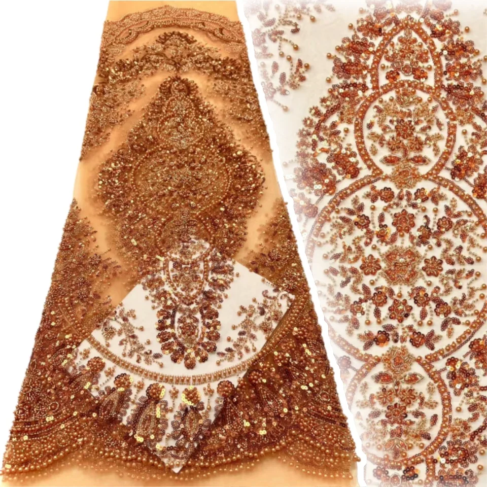 

Orange African Heavy Bead Lace Fabric High Quality Nigerian Sequins French Tulle Fabric Material for Wedding Party 2025 SZ1339