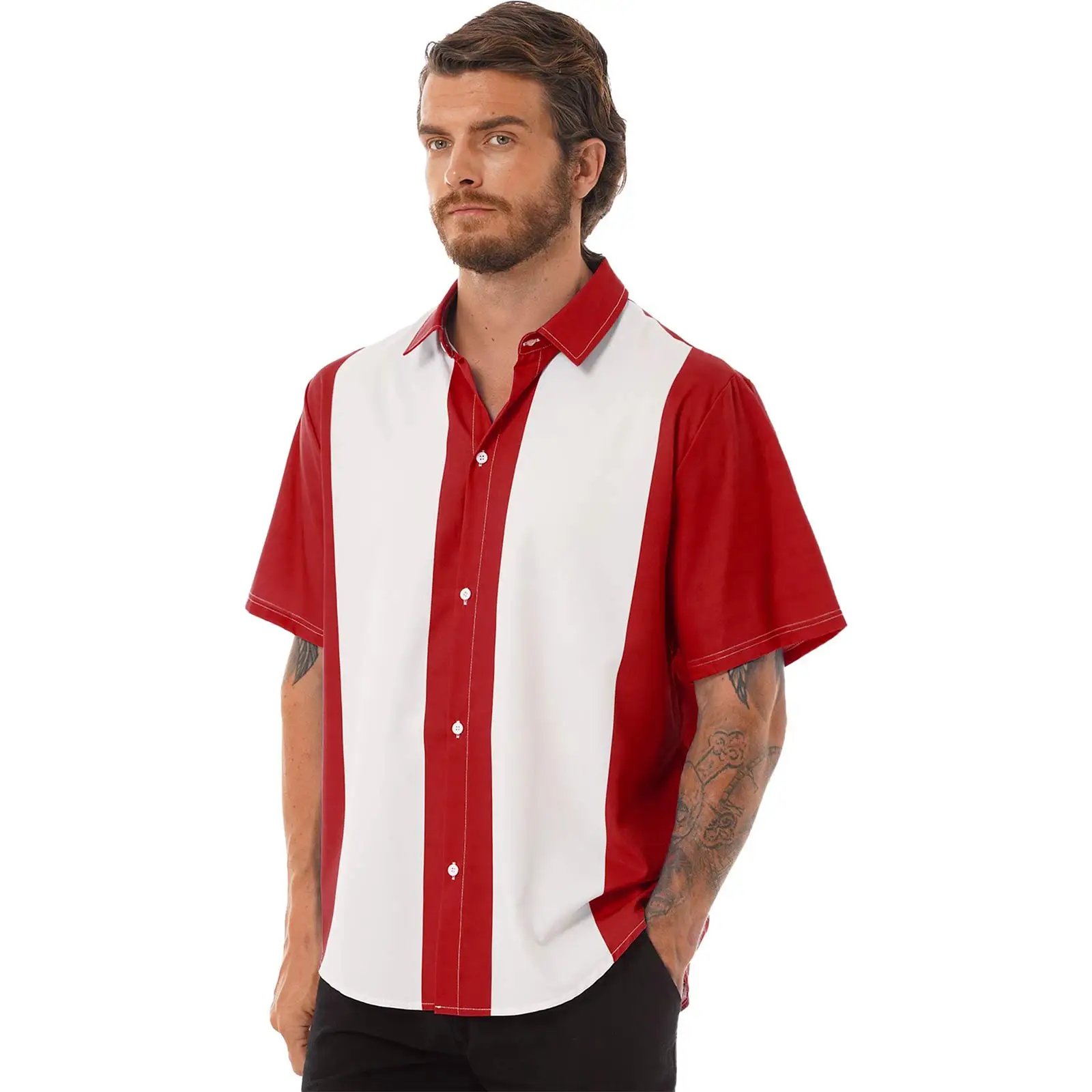 Mens Casual Shirt Color Block Bowling Shirt Cuban Style Short Sleeves Fifties Down Collar Tops Shirt for Business Holiday Beach