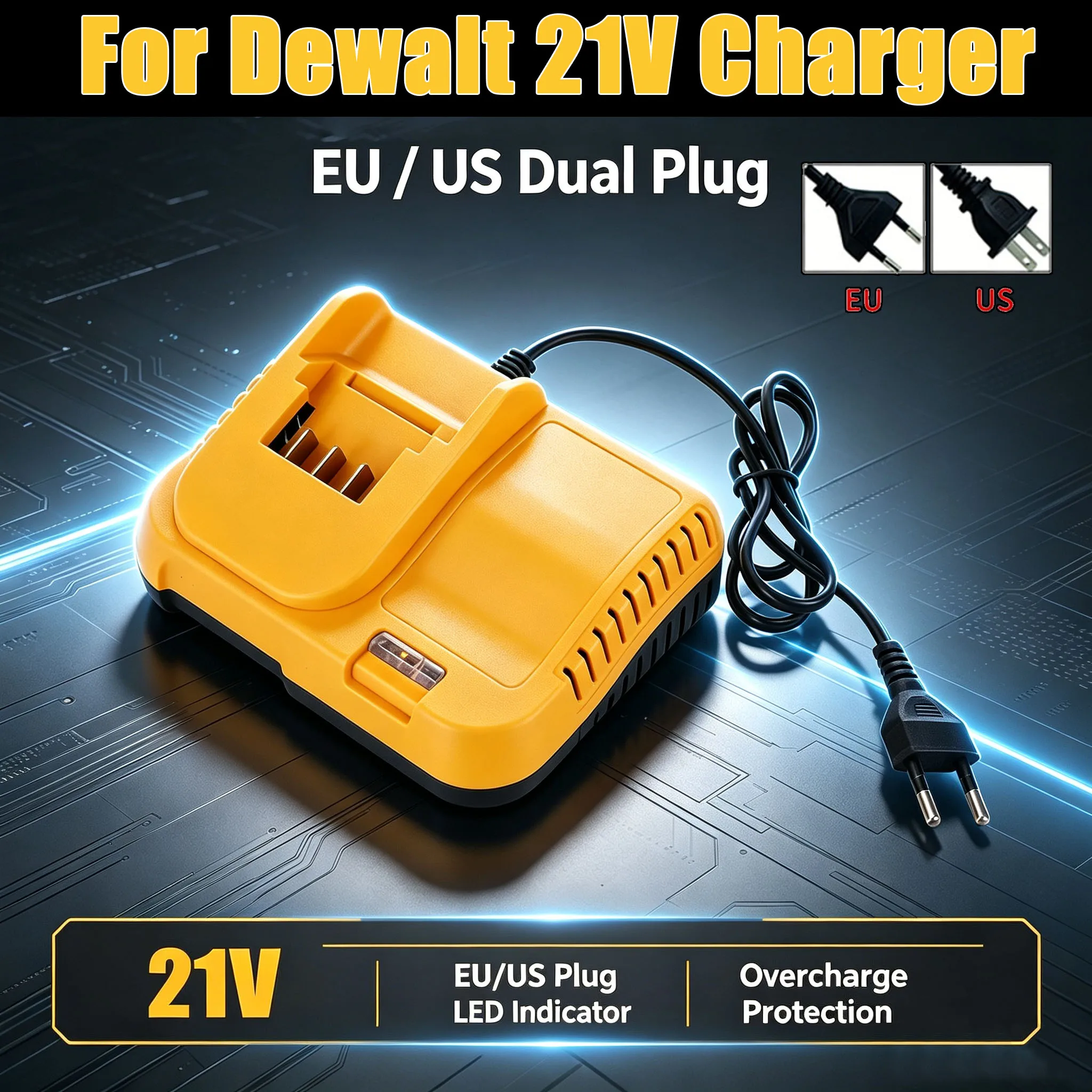 US EU Plug For Dewalt 21V 0.5A 2.5A Lithium Battery Charger Replacement Fit DCB200 DCB201 DCB609 DCB182 DCB204 Charger