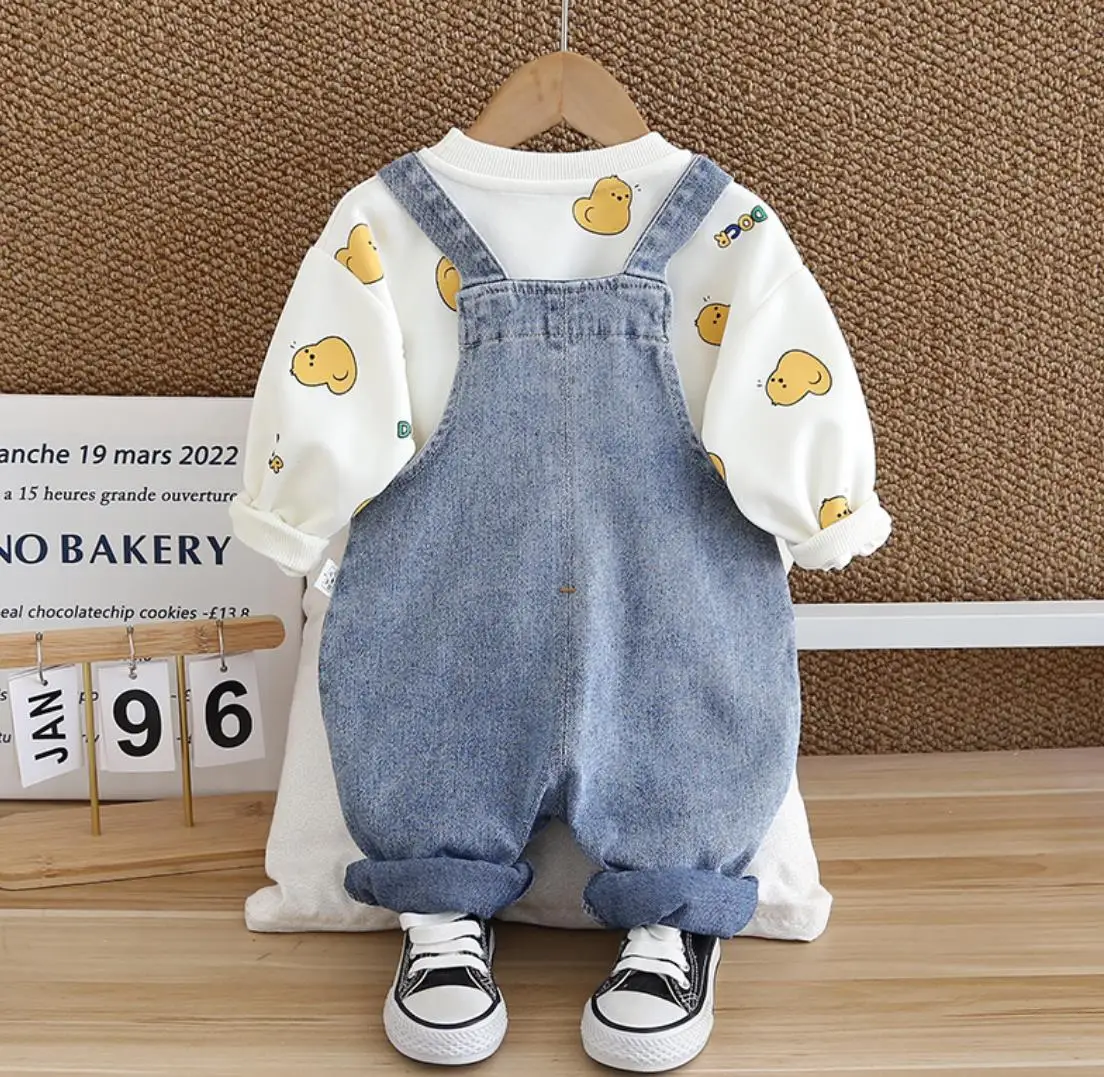 Completi firmati per neonato vestiti per bambini primavera autunno Cartoon Duck t-shirt a maniche lunghe + salopette in Denim set di tute per bambini