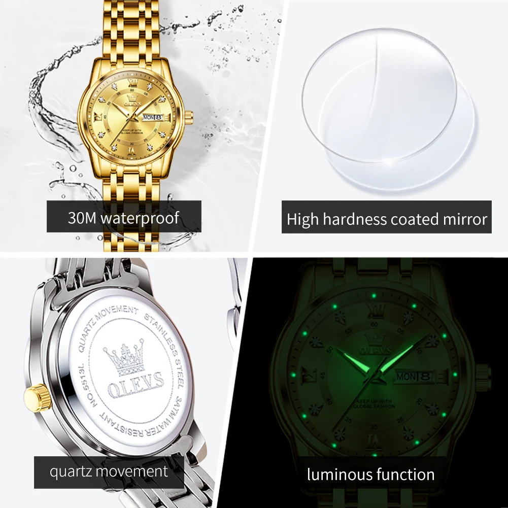 OLEVS Best Selling Fashion Stainless Steel Quartz Ladies Watch Luxury Dual Calendar Luminous Waterproof Elegant Watch for Women