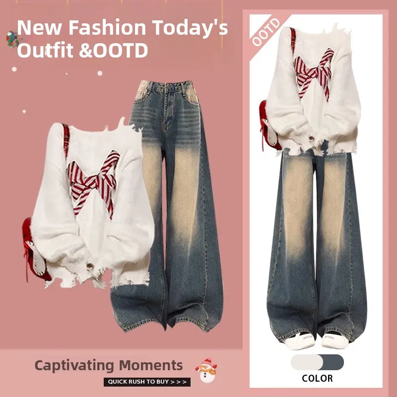 Gebreide trui en losse jeans voor dames met vlinderdas Winter Faion tweedelig pak lang Sve rond Ne katoenmix