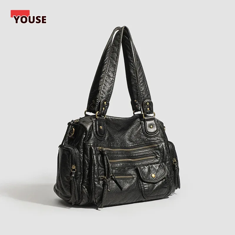 

Vintage PU Leather Large Capacity Tote Y2K Girl One Shoulder Crossbody Bag Zip Pockets Washed Leather Motorcycle Bag
