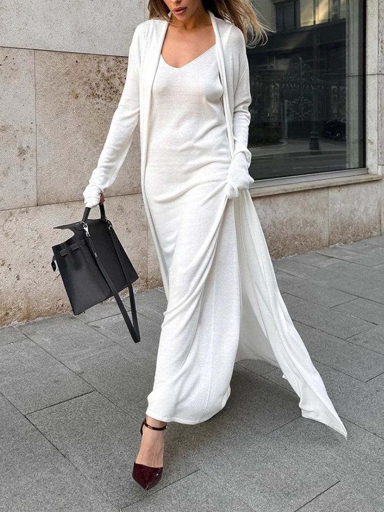 

Elegant Casual Outfit New Autumn Sale Women Knitted Set Soft Long Sleeve Solid Color Cardigan Camisole Dress Cozy Cover Up Set
