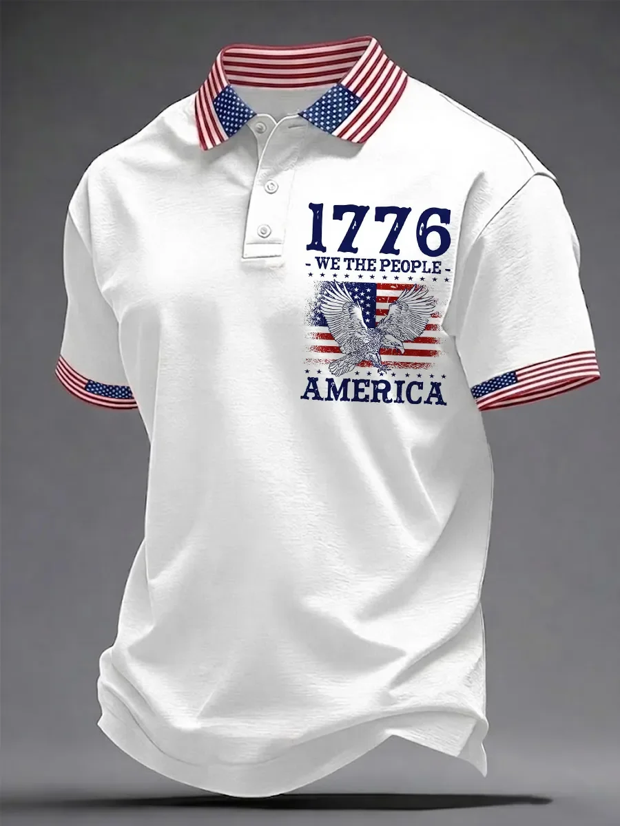 Men's American Flag Print Polo Shirt, 