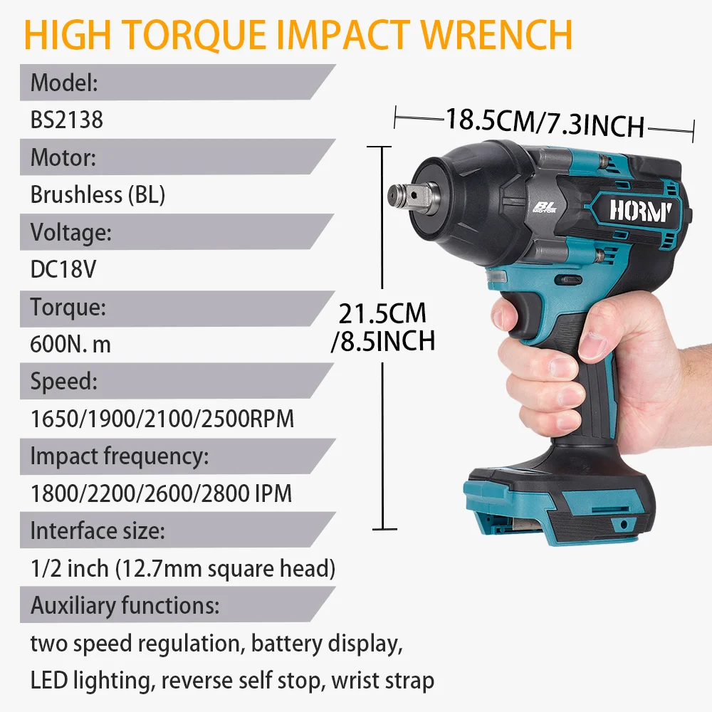 Hormy 1/2in brushless electric wrench 600N. m two speed adjustable car maintenance electric tool for Makita 18V lithium battery