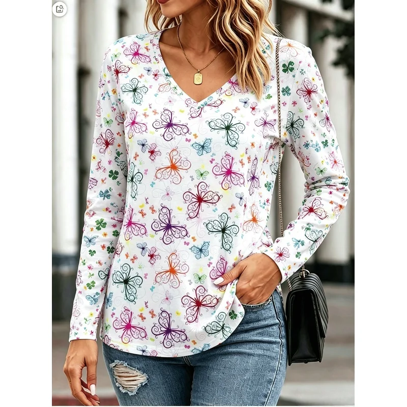 Women's Casual Long Sleeve T Shirt Simple Fashion Abstract Painting Irregular Stripes Geometric Color Block Patchwork All Over