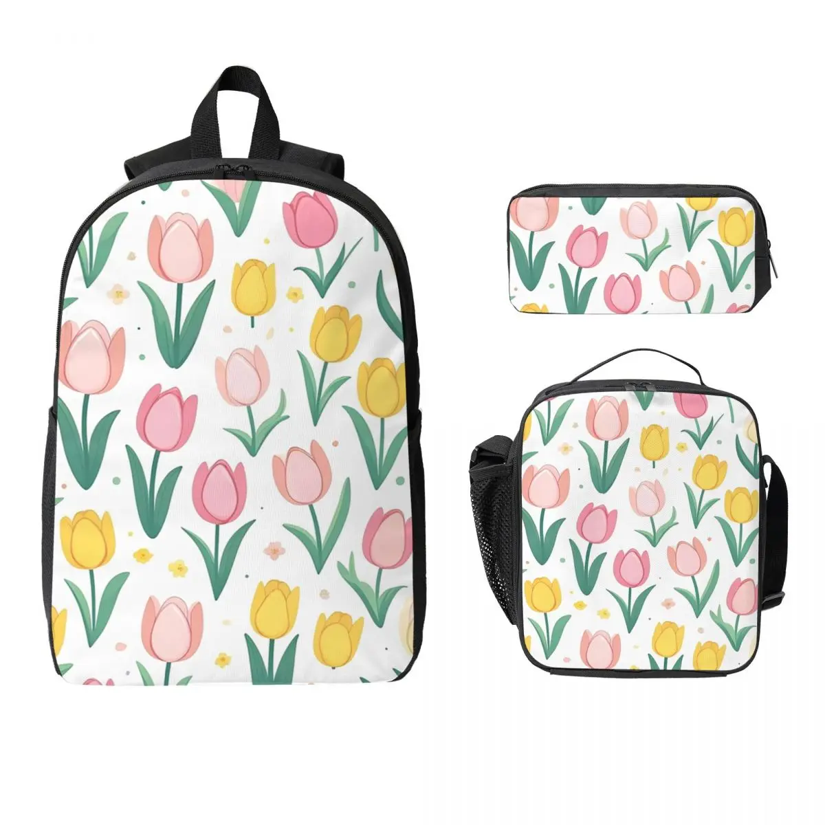 

Весенний рюкзак с узором тюльпанов, студенческая сумка для книг для мальчиков и девочек, школьная сумка, компьютерные сумки на плечо, изолированная сумка для обеда 3 шт., пенал