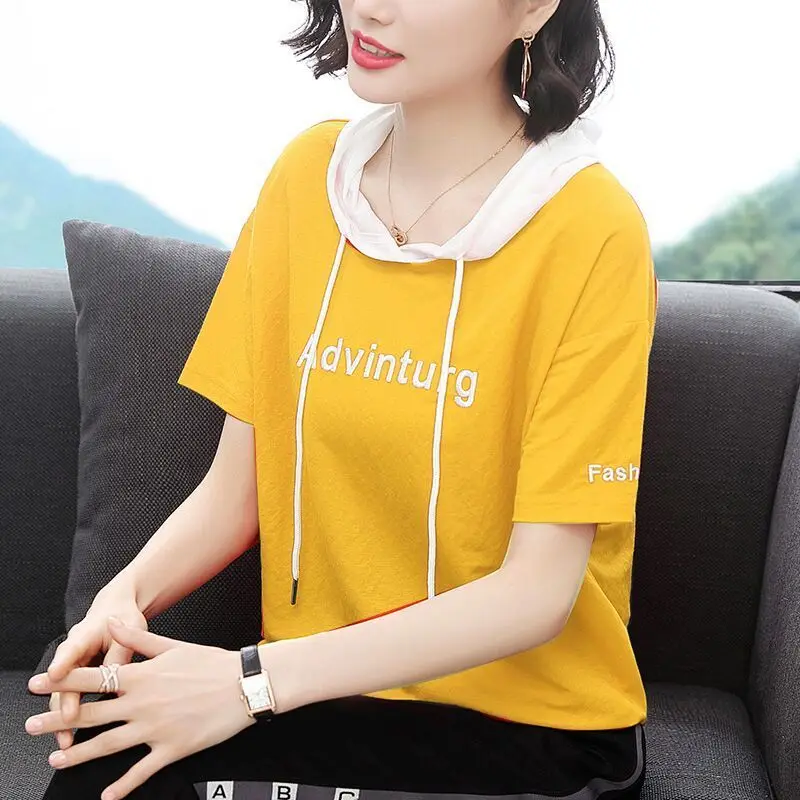 2024 New 100% Cotton O Neck Hoodie T Shirt Woman Summer Short Sleeve Plus Size Shirt Women T-shirt Loose Embroidery Women Shirts