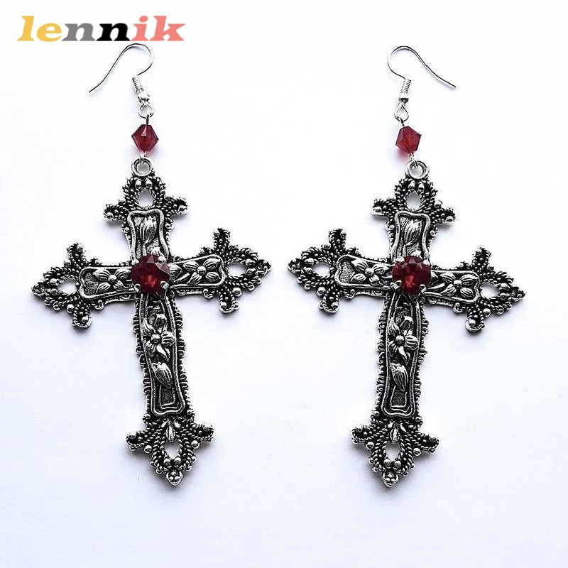 LENNIK Boucles d'oreilles pendantes croix gothique design haut de gamme avec accents en cristal rouge et noir, boucles d'oreilles tendance de style foncé