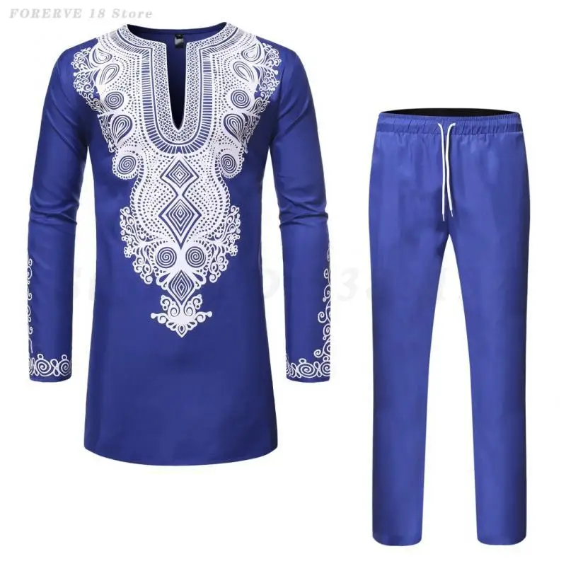 

African Men's Shirt Pants 2 Piece Sets Fashion Casual Printed Long Sleeves V-Neck Tops Men Traditional Ethnic Style Muslim Suits