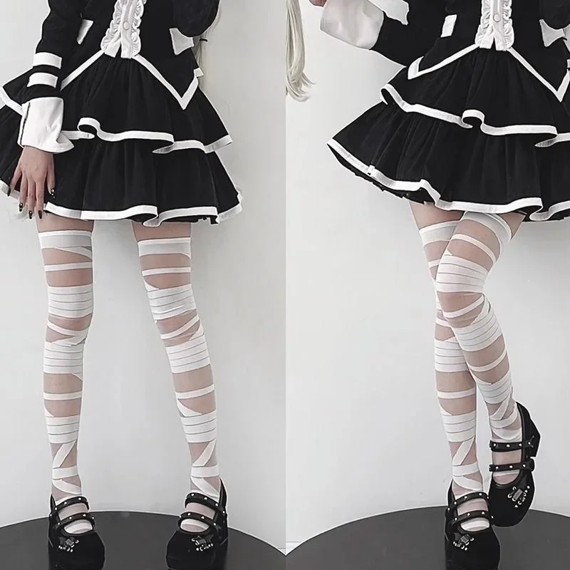 Medias de terciopelo suave con diseño de vendaje gótico Lolita para mujer, medias inferiores con correa cruzada Sexy, Punk, Emo, JK, Cosplay, medias lindas para niñas