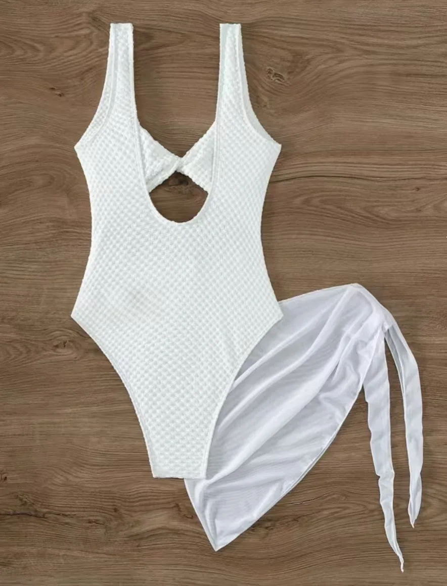 Sexy branco frente nó oco para fora maiôs duas peças com capa de malha saia biquinis maiô praia outfits biquini tankini