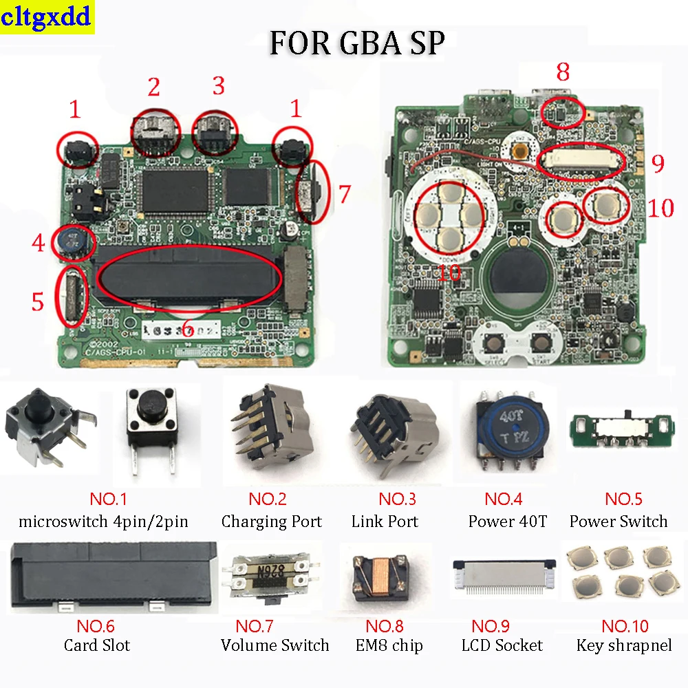 Cltgxdd FOR GBA SP game console motherboard card reader slot LCD row plug micro power volume switch button repair accessories