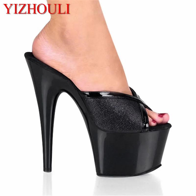 

Female Sandals 6 Inch Open Toe Slippers With Bright Glitter Shoes 15cm Ultra High Heels Sexy Lady Party dance shoes