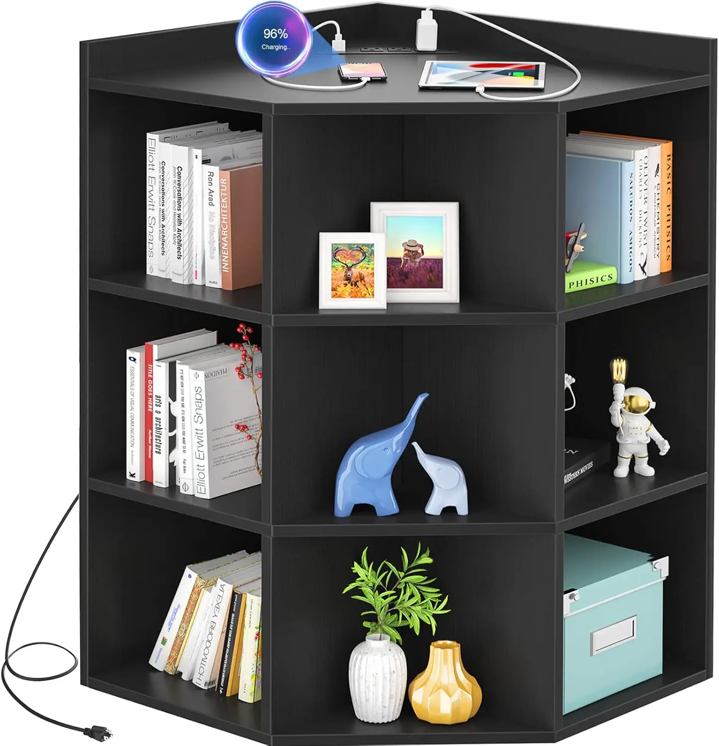 Corner Cabinet Storage with USB Ports and Outlets, Corner Cube Toy Storage, Wooden Cubby Bookshelf with 9 Cubes for Living Room