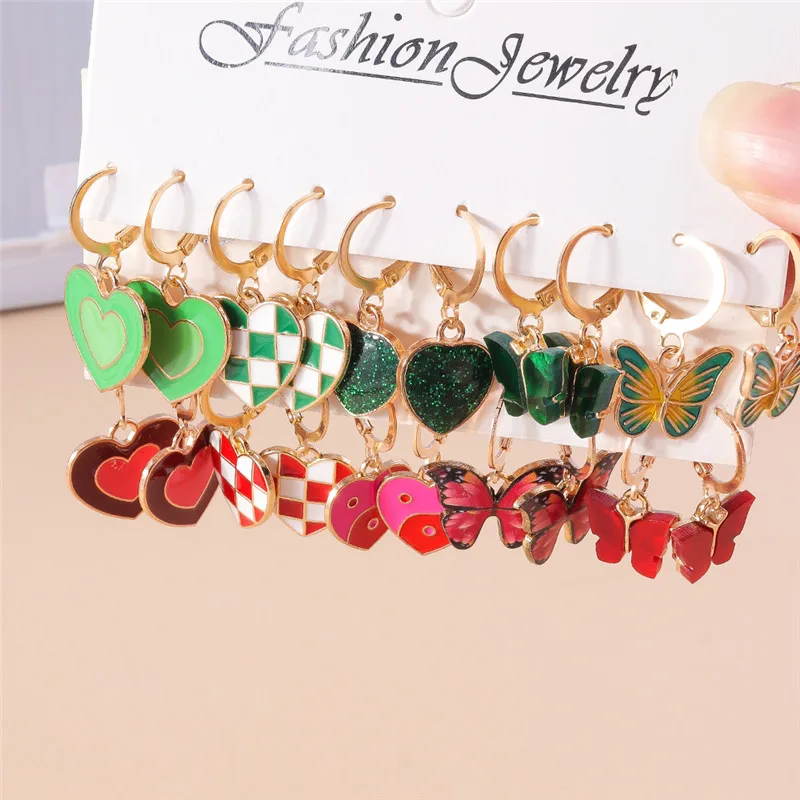 New In Colorful Love Heart Dangle Earring Set Cute Butterfly Heart Animal Drop Earrings for Woman Girls Kids Jewelry Set Gifts