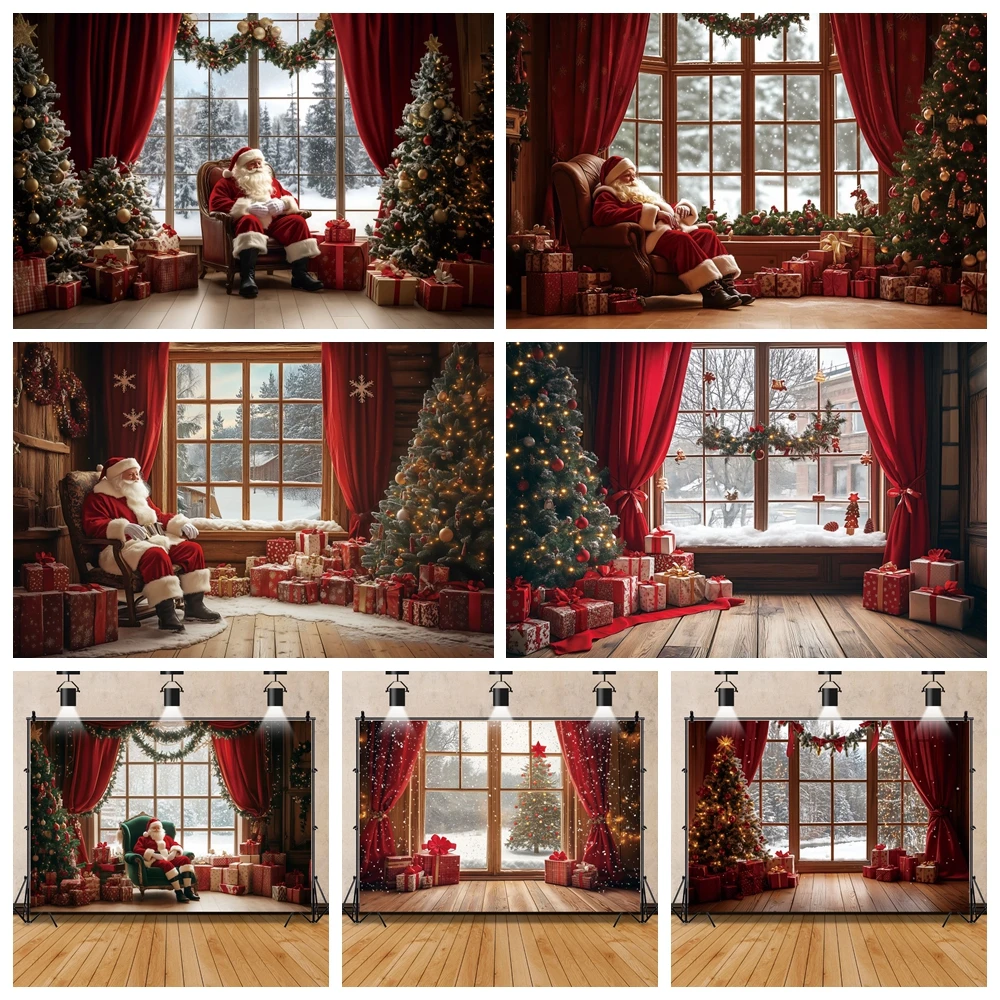 عيد الميلاد سانتا كلوز التصوير خلفية نافذة ستارة حمراء شجرة عيد الميلاد هدية الأسرة الطرف الديكور خلفية استوديو الصور