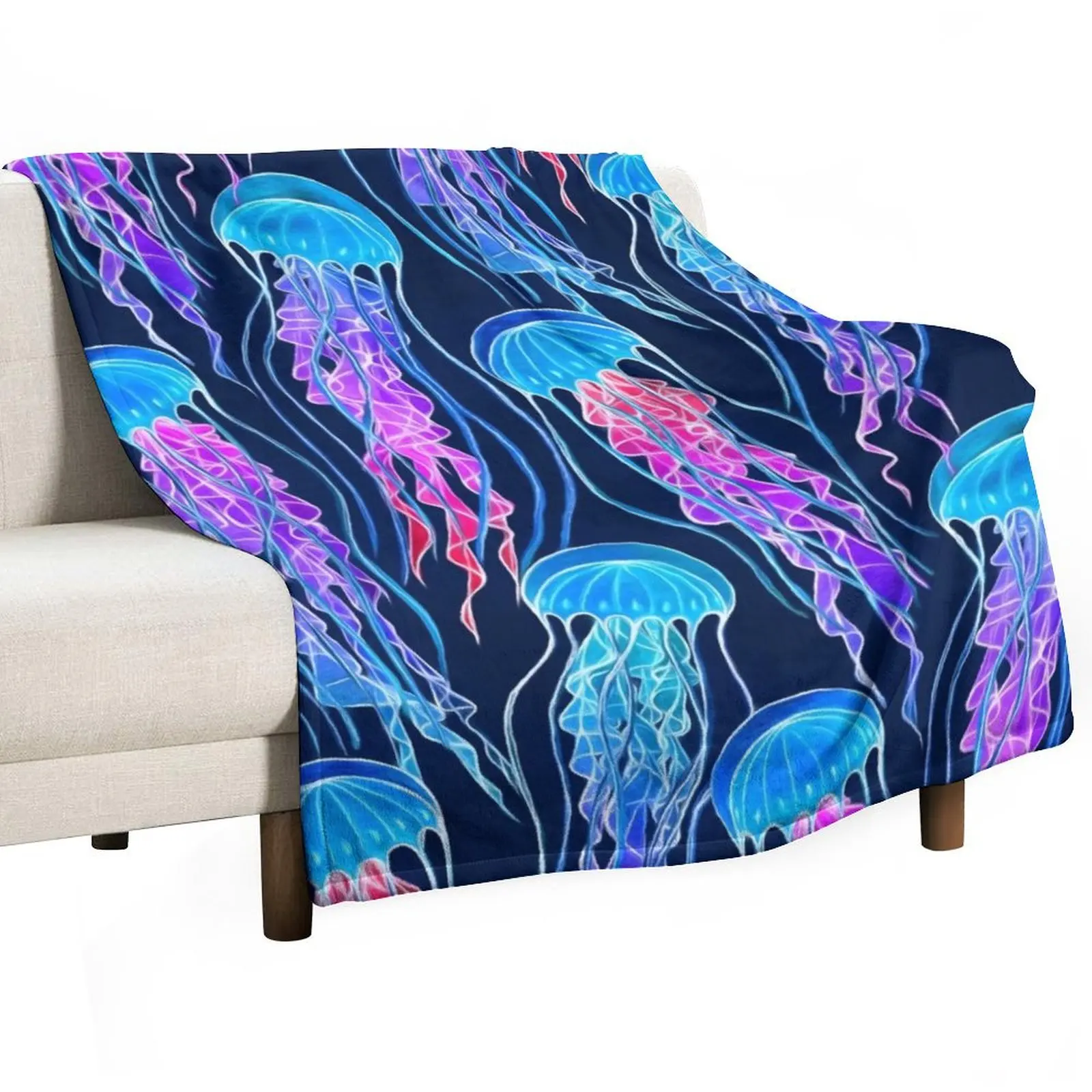 Luminescent Rainbow Jellyfish on Navy Blue Throw Blanket Luxury Softest Plaid on the sofa Blankets