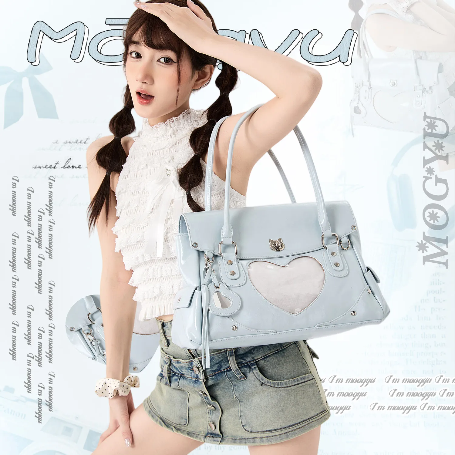 

Blue Heart-shaped Pain Layer Tote Bag Women's Large-capacity Commuter College Wind Two-dimensional Lta Bag Girl Shoulder Bags