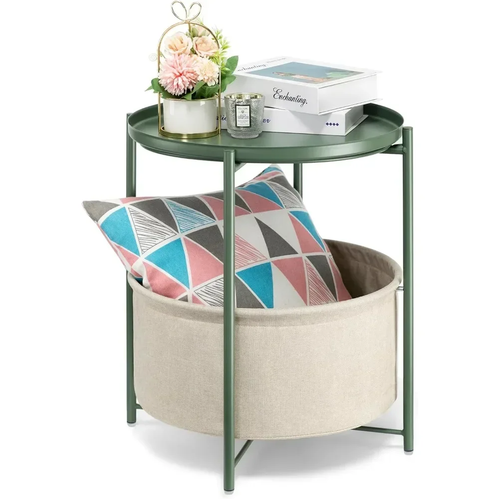 

Round Side Table with Fabric Storage Basket, Metal Side Table Small Bedside Table Nightstand with Removable Tray for Living Room