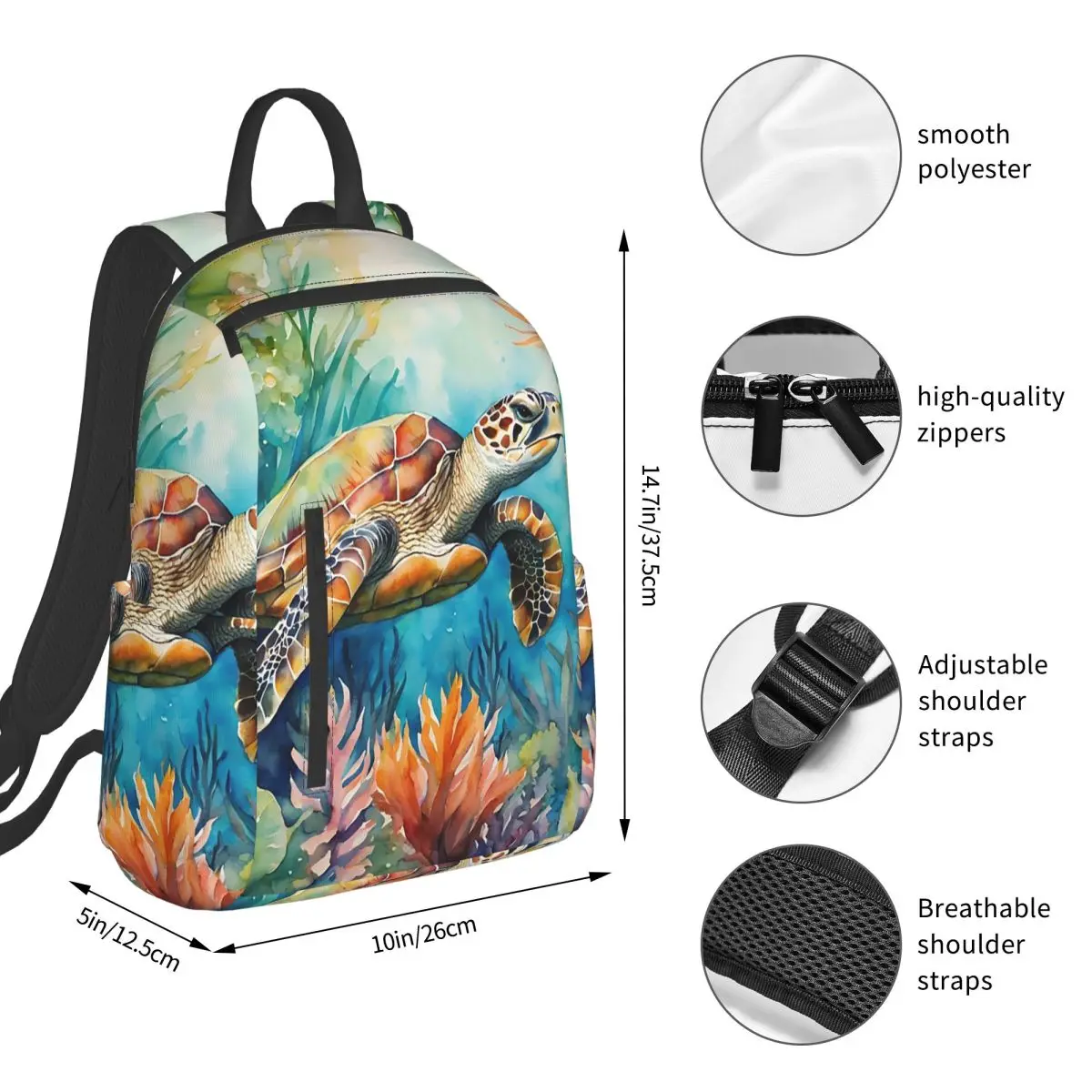 Sea Turtle Coral Watercolor Painting Backpack Student BookBag Kids School Bag Laptop Shoulder Bags Boys Girls