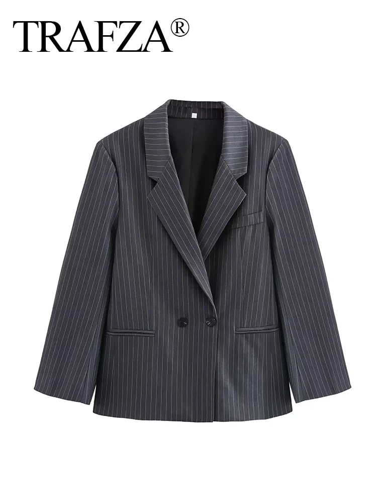 TRAFZA Blazer larghi primaverili da donna Striscia grigio scuro Colletto rovesciato Maniche lunghe Tasche Cappotti doppiopetto moda femminile