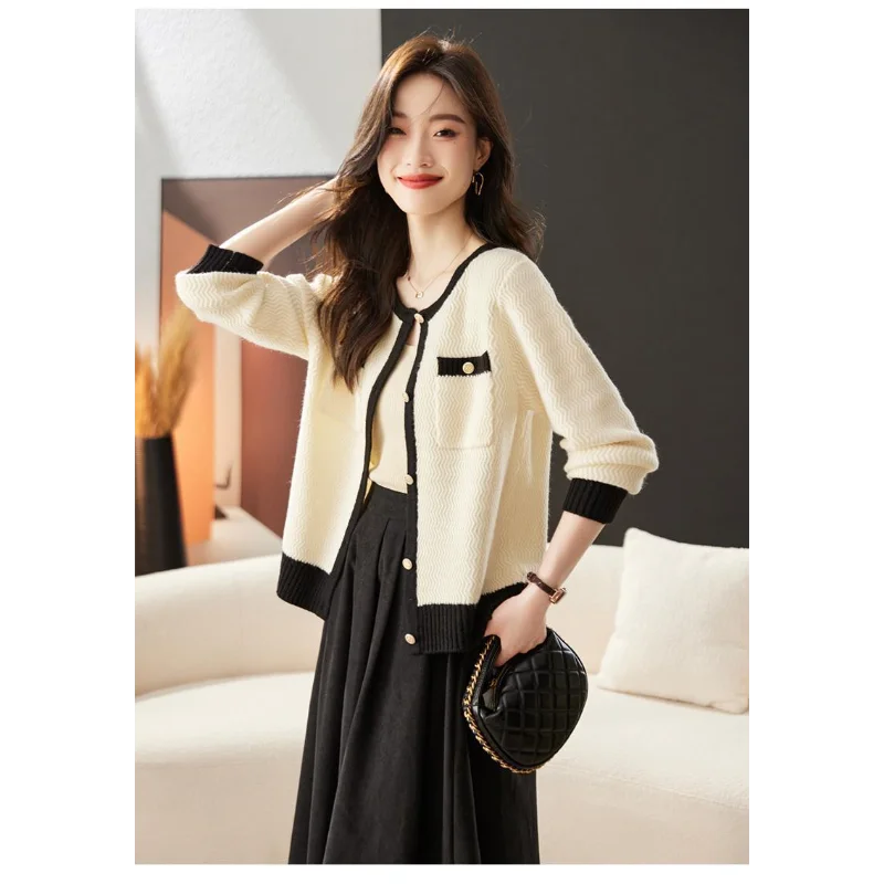 Veste courte haut de gamme pour femmes, Cardigan tricoté contrasté, haut de tempérament, nouvelle collection printemps et automne 2025