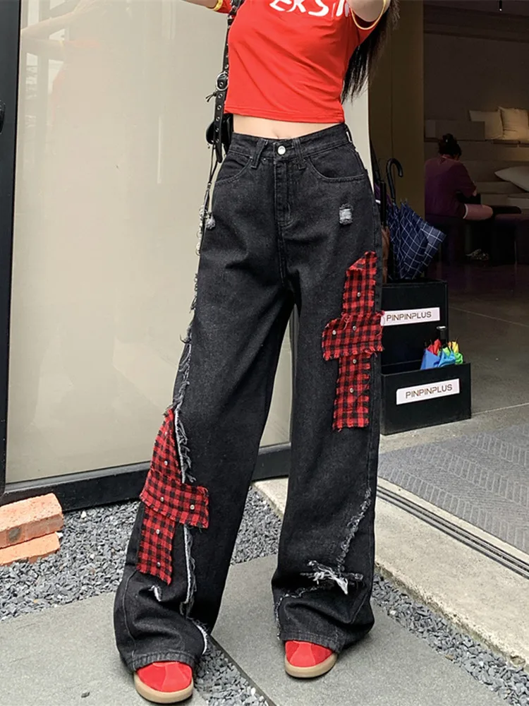 2024 Ropa Y2K Grunge Patchwork Baggy Ripped Stacked Jeans Pants Women Clothes Streetwear Black New Rock Straight Lady Trousers