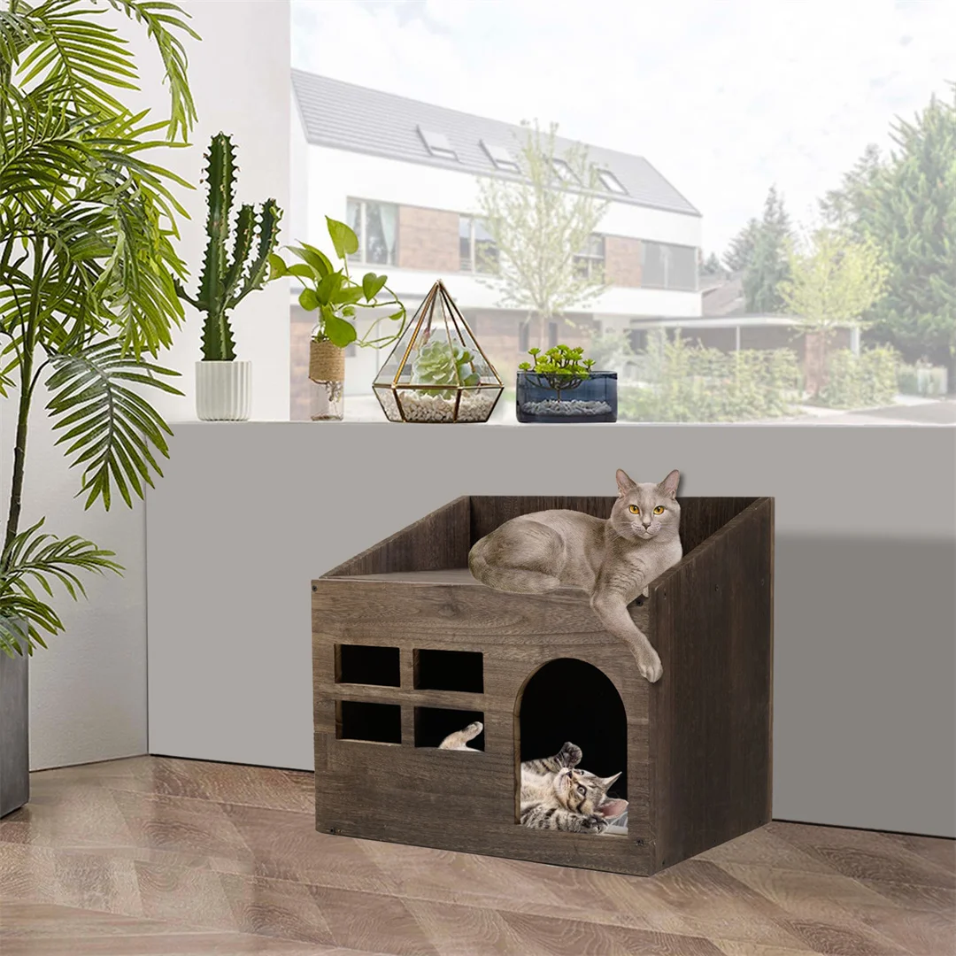 Wooden Cat Cave Bed Furniture Kitten Sleep Lounge House Bed with Cushion Pad Litter Box for Indoor Cats