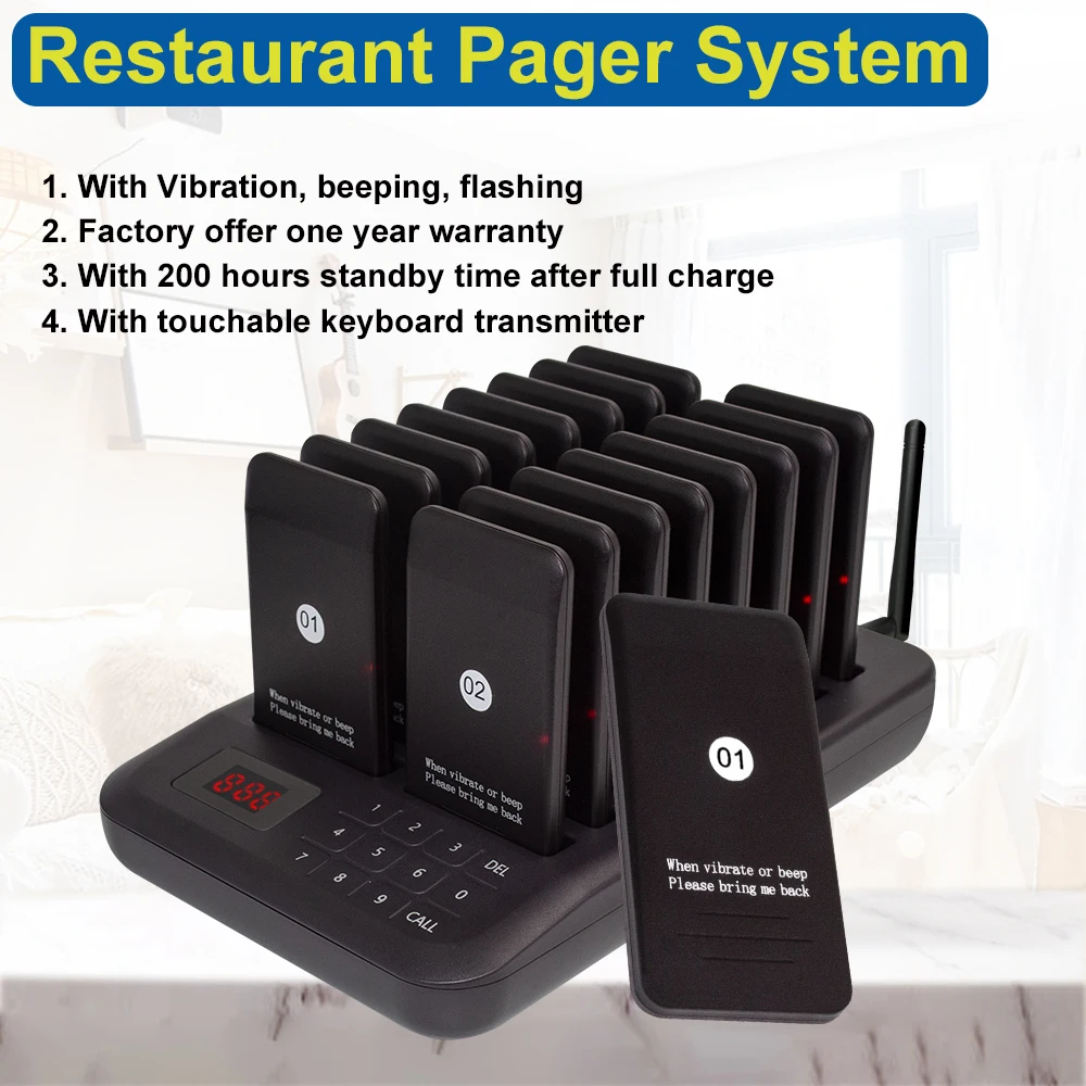 JINGLE BELLS Wireless Calling System Buzzer Restaurant 16 Pager Receiver in Vibration 1 Keypad Transmitter Guest Paging Coaster