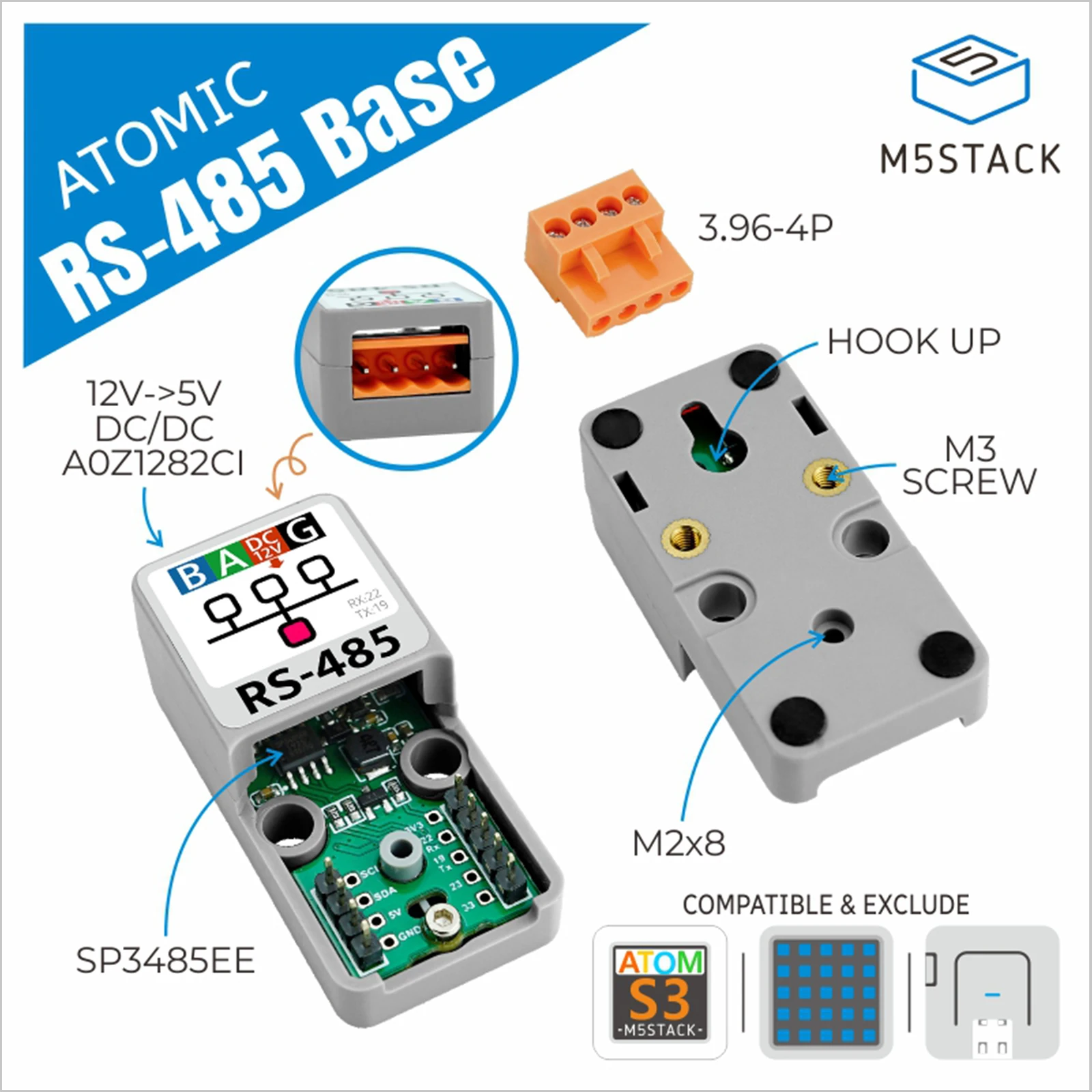 M5Stack Official ATOMIC RS485 Base TTL-RS485 Converter Level Conversion Base