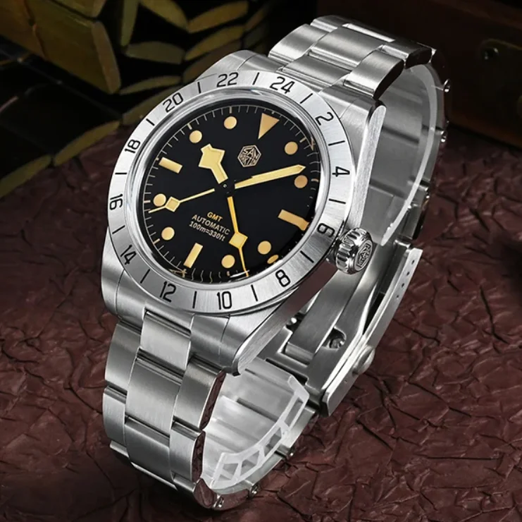 

San Martin Мужские часы GMT 39 мм Автоматические механические наручные часы 10 АТМ Водонепроницаемые C3 Светящийся стальной безель Сапфировый Ханчжоу 6460