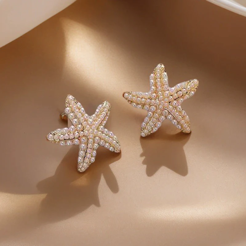 Trendy Starfish Shape Stud Earrings for Women Full of Mini Imitation Pearl Earrings Party Girls Sweet Elegant Jewelry