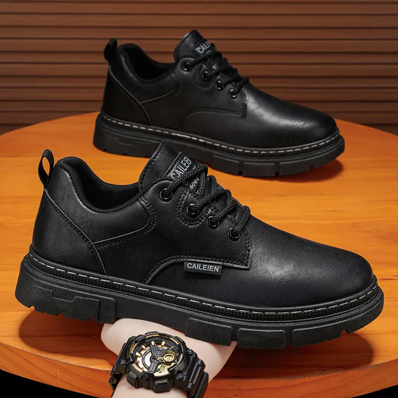 Men's Retro British Style Anti-Slip Sports Casual Leather Surface Board Shoes Outdoor Leather Footwear