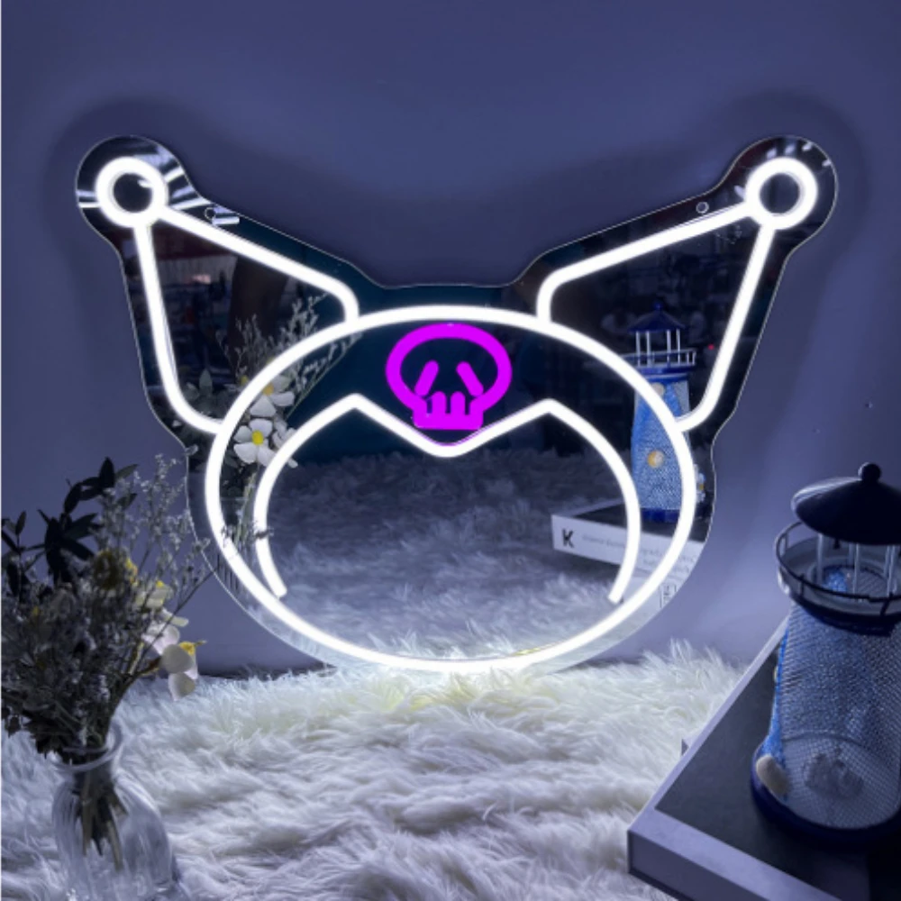 

Kawaii Sanrio Kuromi Stuff Led Neon Light With Mirror Children's Room Gift Cartoon Mirror Hoom Wall Decoration Accessories Decor