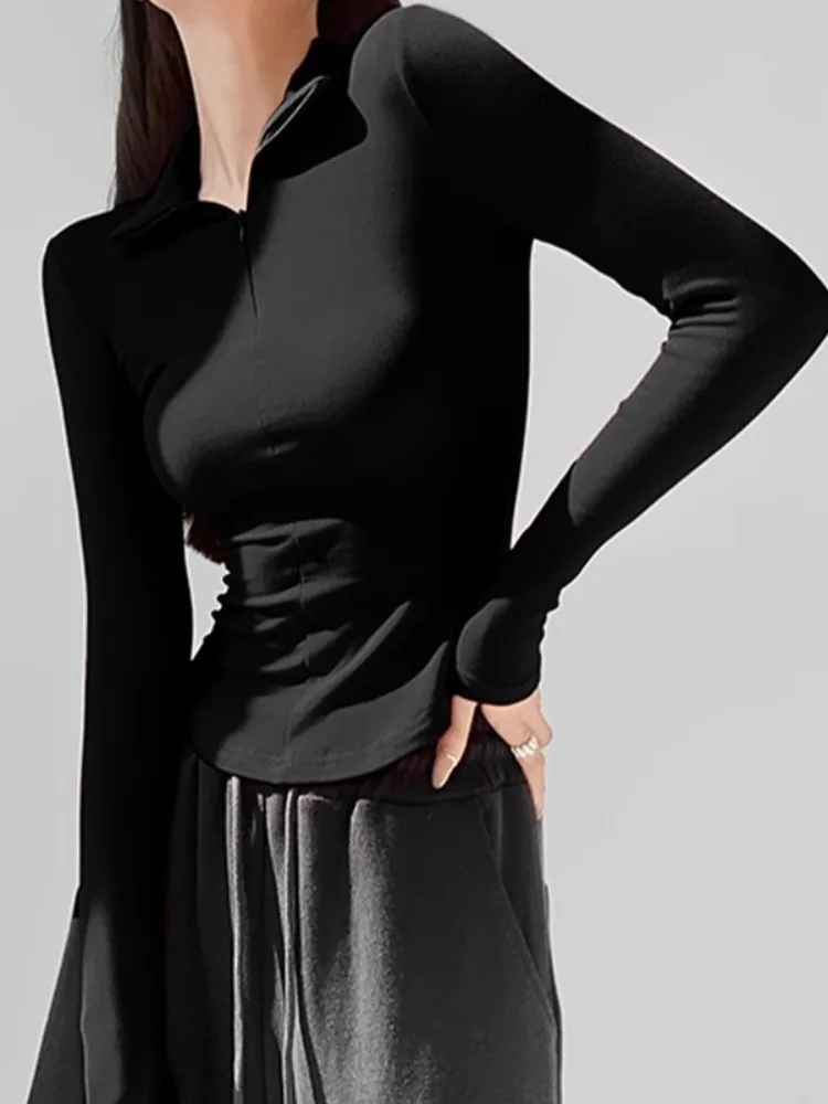 

Sexy Tight Long Sve T-irt Women Winter Slimming Waist Design Turn-down Collar Knitted Base irt Casual Comfortable Top