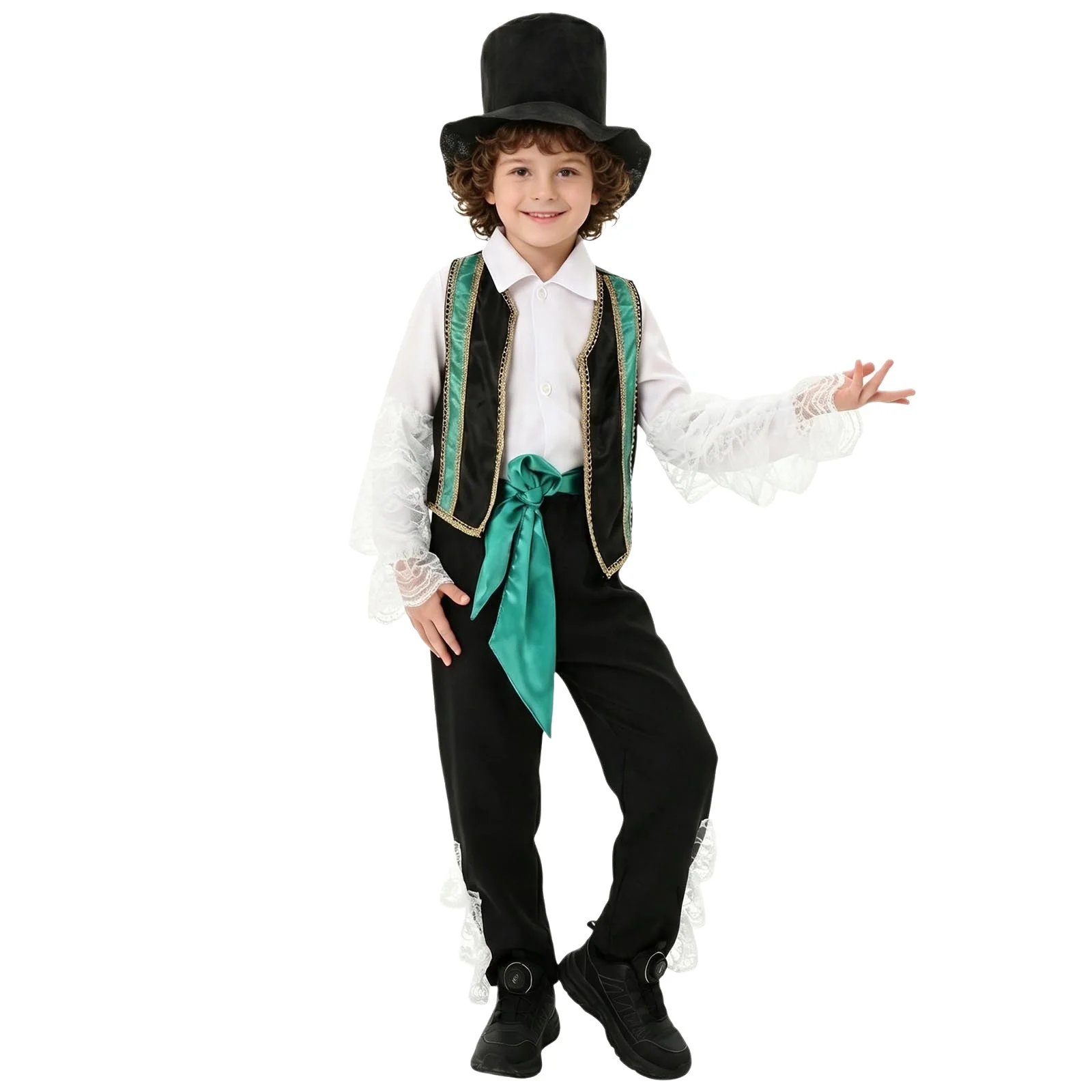 Kid Boys Retro Renaissance Costume Ruffled Long Sleeve Shirt Open Front Vest Long Pants Ribbon Hat for Halloween Mexican Cosplay