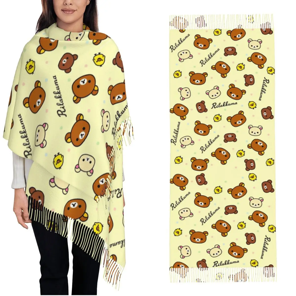 

Kawaii Rilakkumas мультяшный шарф для женщин, зимние теплые шали из пашмины и длинные шарфы с кисточкой для вечернего платья